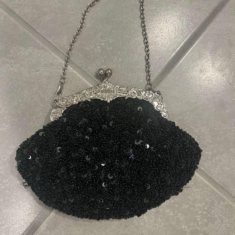 Black Sequin Beaded Evening Clutch with Silver Frame